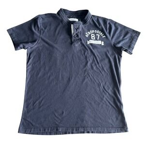 Y2k Aeropostale Mens XL Navy Blue Short Sleeve Henley Graphic T-Shirt